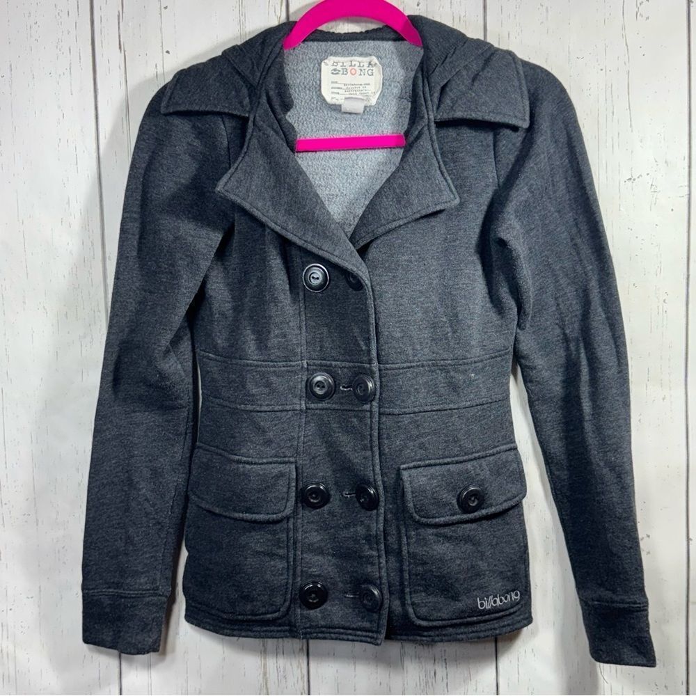 Billabong Double Breasted Fleece Hoodie Jacket XS Charcoal Gray Y2K Surf Skater